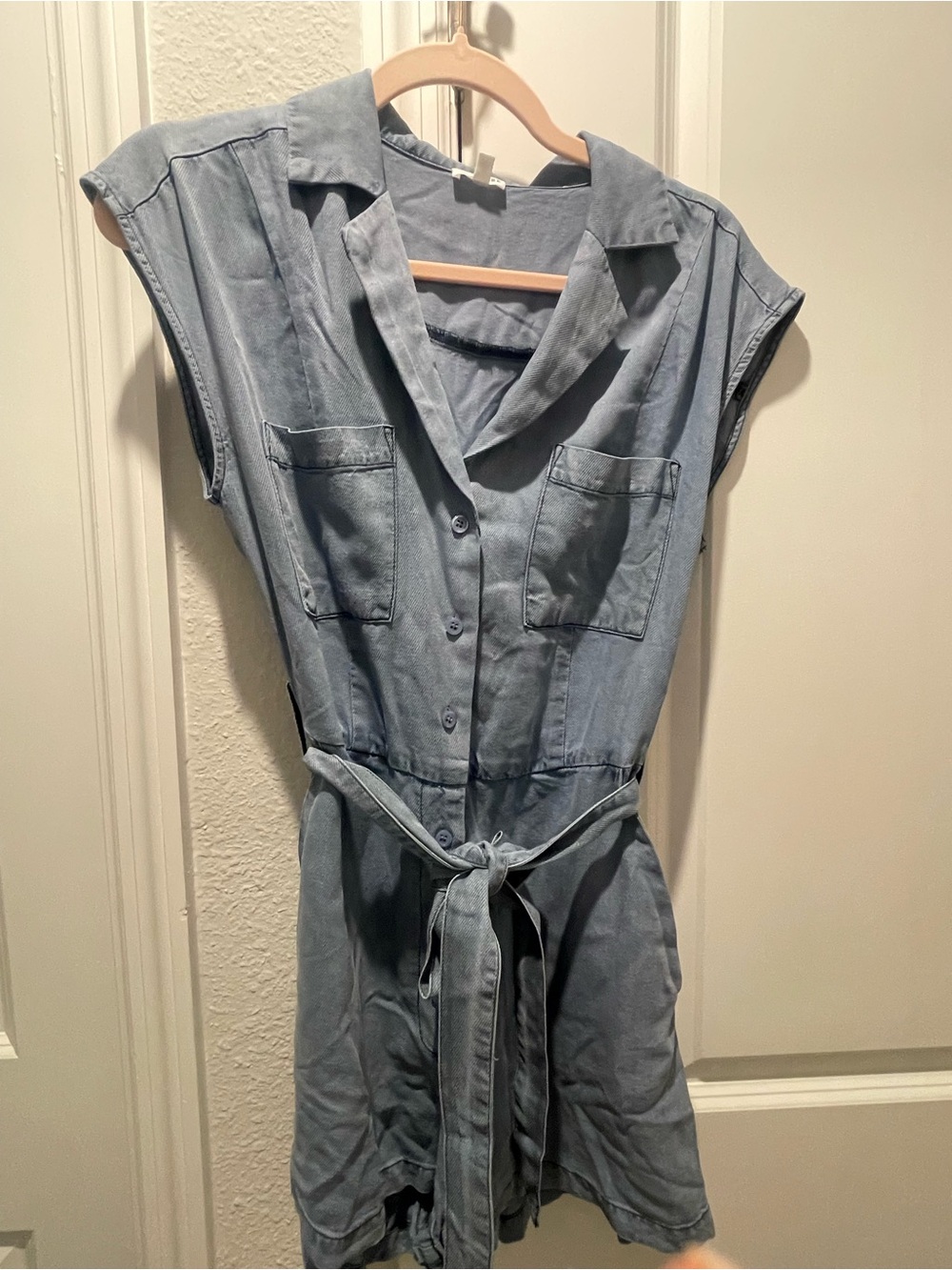 Light Blue Chambray Short Sleeve Romper with Tie Waist
